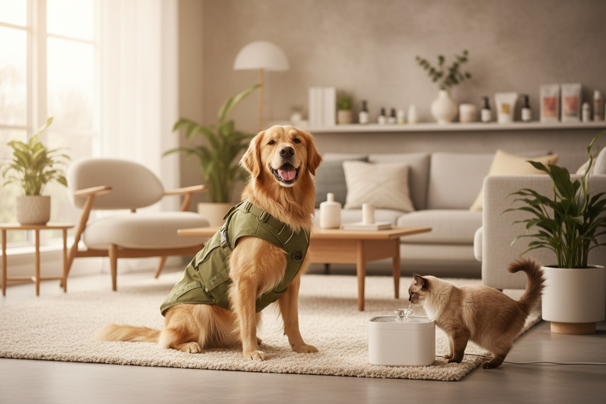 Warm, inviting lifestyle hero image for a pet supplies store. Cozy modern home interior with a dog wearing a functional jacket with integrated harness, and a cat drinking from a smart water fountain. Soft lighting, neutral tones matching a premium pet-care brand. Add clean, soft headline text overlay reading: ‘<span style='color:#FFAD61'>Purr</span>Kits Pet Supplies’ in OSWALD Semi Bold, with the word Purr specifically colored #FFAD61, and the sub-text ‘your pet’s haven’ in POPPINS Bold. Modern, friendly, w